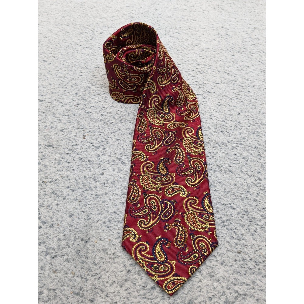 Faćonnable Mens Paisley Repp Tie 3.5"x62" Red & Gold 100% Silk Made in Italy Ivy